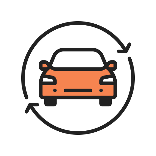 オレンジ色の車と、それを取り囲む循環を表す矢