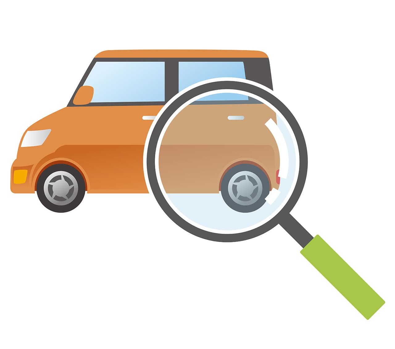 虫眼鏡でオレンジ色の車をみているイラスト