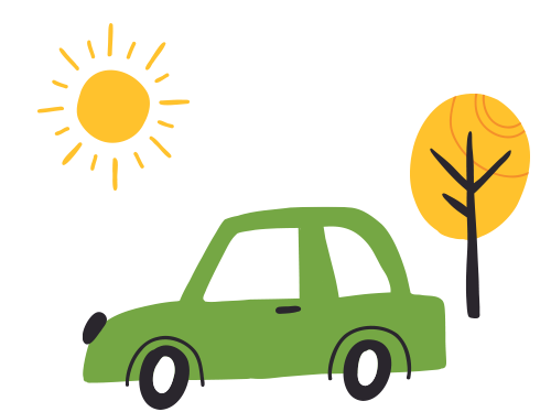 グリーンの車と太陽と木のイラスト